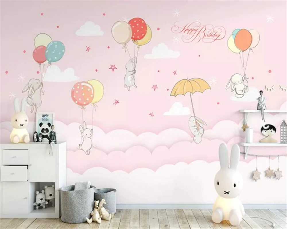 Custom cartoon 3d wallpaper cloud lovely rabbit balloon children room decoration painting background wall wallpaper 3d