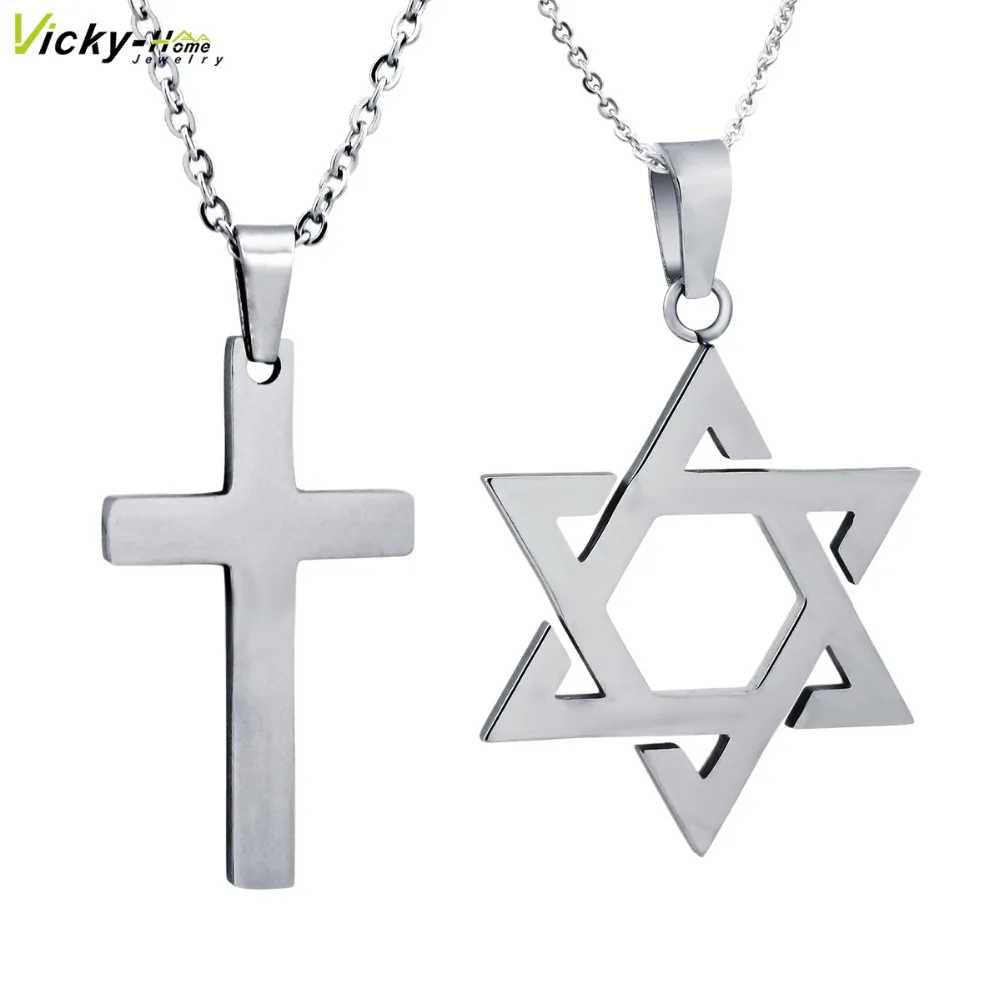 Vicky-Home 316L Stainless Steel Hot Magen Star of David Cross Pendant Necklace Gold Color Women/Men Chain Israel Jewish Jewelry