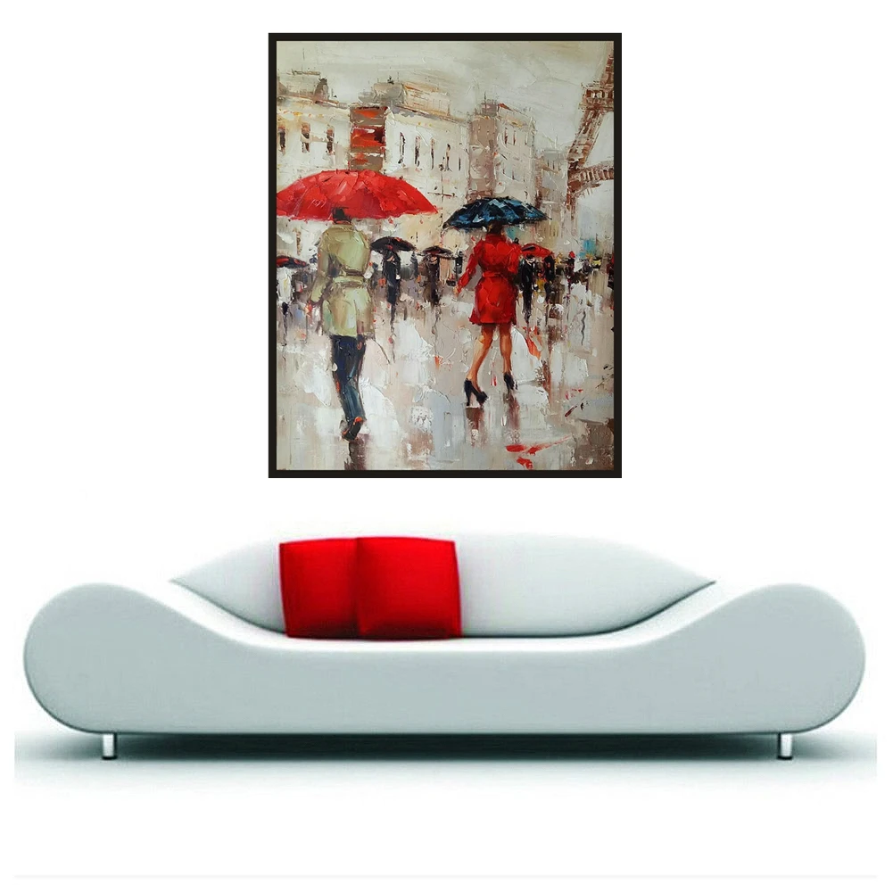 

Rainy Day Red Umbrella Hand Painted Canvas Oil Paintings Abstract Knife Oil Painting Christmas Decorations for Home Dropshipping