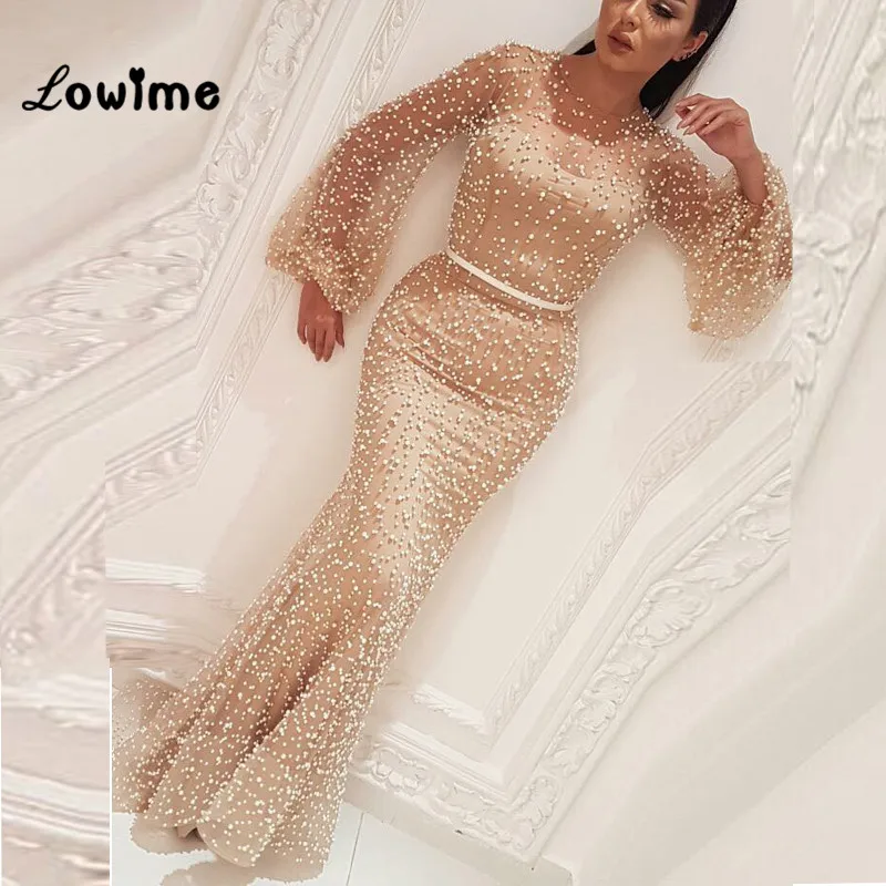 Robe De Soiree Arabic Champagne Formal Evening Dress Middle East Kaftan 2018 Pearl Abendkleider Mermaid Party Dresses Abiye Gown