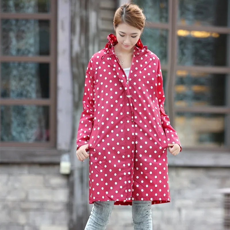 Good quality Waterproof Raincoat Women Dot Fashion Long Ladies Raincoat hooded zipper with Packable handbag Poncho Coat Rainwear