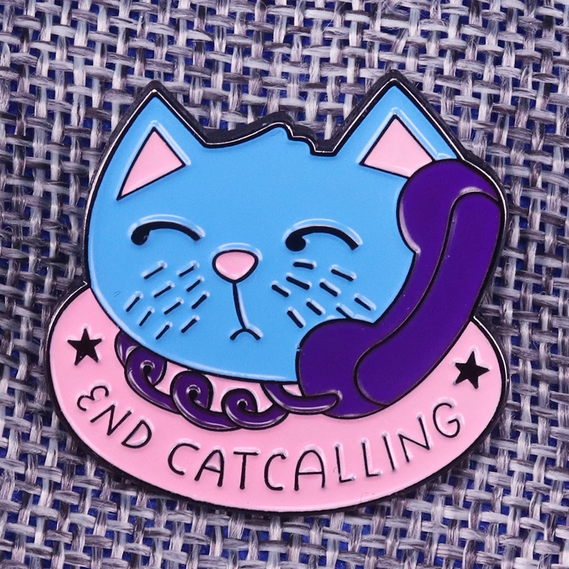 Cute cat phone enamel pin stop end catcalling brooch street harassment protest badge feminist pin kids girls gift novelty jewelr