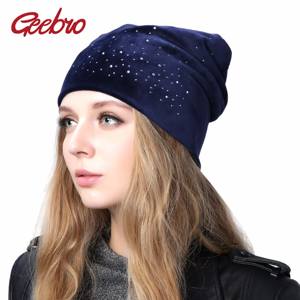 Geebro Women\'s Velour Rhinestones Beanies Hat Spring Polyester Slouchy Beanie for Women Plain Color Skullies Bonnet Cap