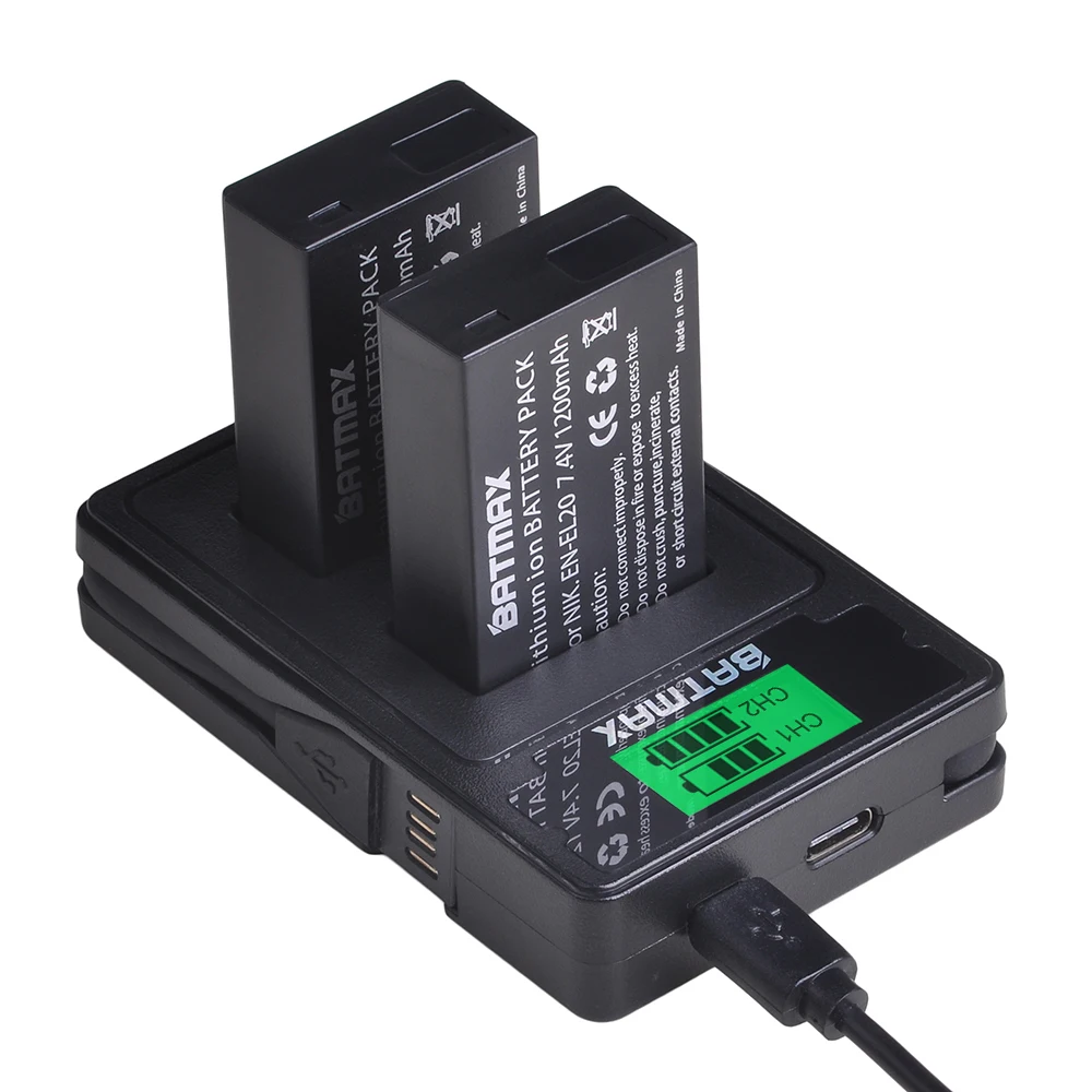 EN-EL20 EN EL20 EN EL20a Battery + LCD Dual USB Charger with Type C Port for Nikon Coolpix P1000 Nikon1 J1, J2, J3 Nikon1 AW1