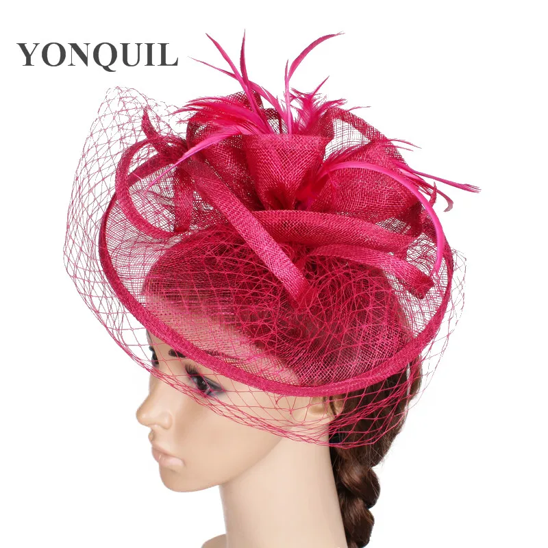 

Magenta Sinamay Material Fascinator Mesh Millinery Headwear Women Wedding Headpiece with Veils Cocktail Event Hats Accessoies