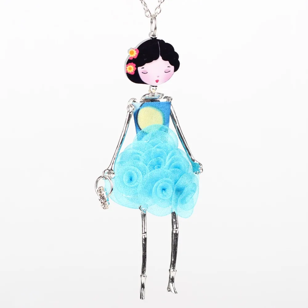 Bonsny French Paris Doll Necklace Dress Flower Long Chain Alloy Doll Pendant Fashion Jewelry For Women 2017 News Accessories