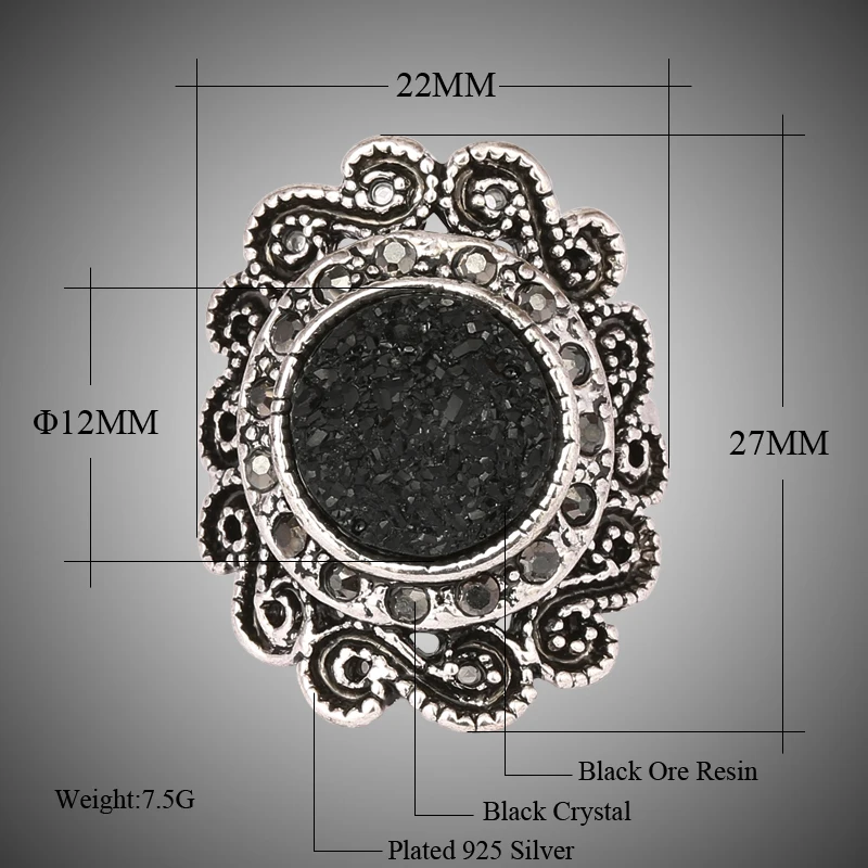 Hot Fashion Flower Silver Plated Rings For Women Vintage Black Ore Resin Crystal Gothic Ring Bohemian Jewelry Gift Free Shipping