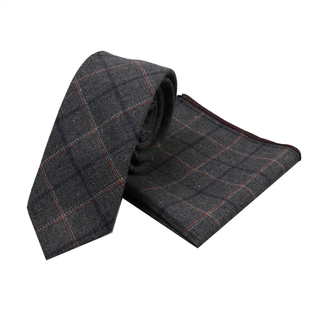 HOOYI Men Plaid Autumn Wool Tie Sets Gravata Slim Ties Pocket towel square Business Party Gift Handkerchiefs Wedding