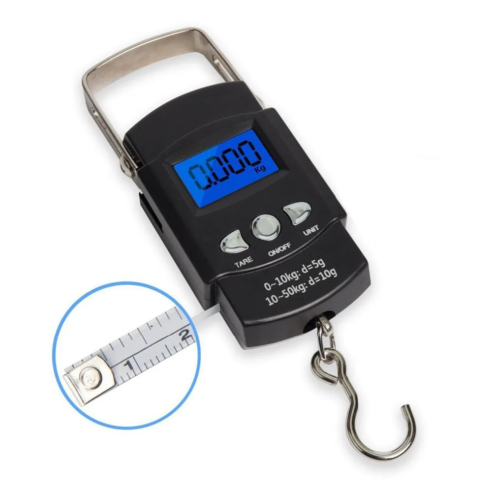 50kg Portable LCD Electronic Hand Scale, Travel Hanging Fish Scale with 1m ruler