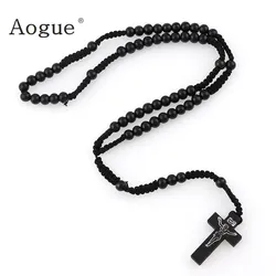 8mm Catholic Black Wooden  Rosary Beads Orthodox Cross Wood Woven Rope Necklace Of Religious Jewelry  Men Women