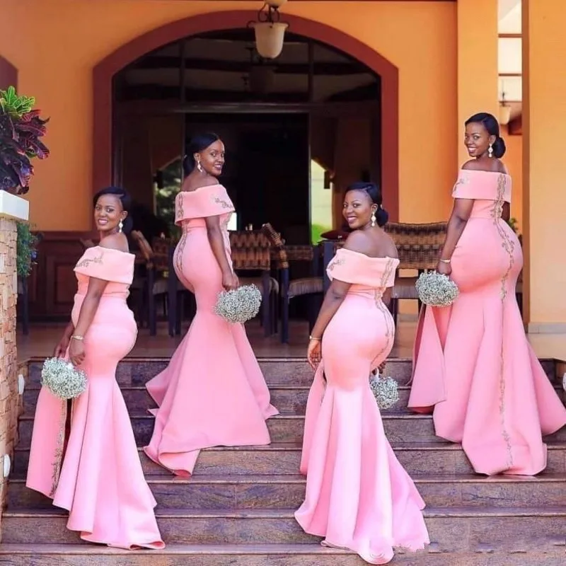 

Blush Pink African Long Bridesmaid Dresses Bateau Neck Mermaid Applique Wedding Guest Maid Of Honor Dress vestido longo