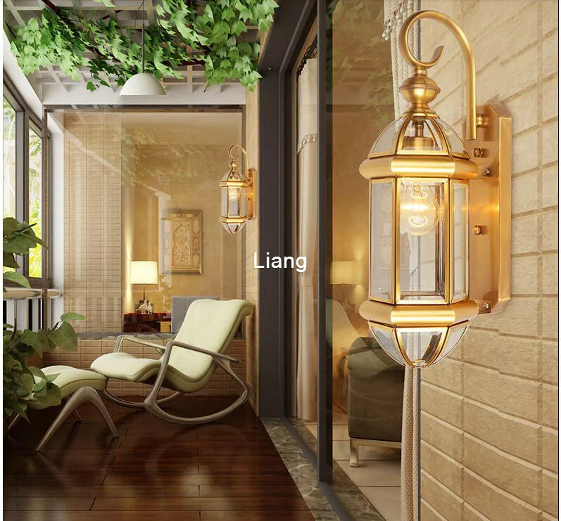Trasporto Libero Nordic Americano Classico Rame Bronzo Lampada Da Parete Per Esterni D20cm H40cm Ottone Vetro Riparo Della Parete AC 100% Garantito