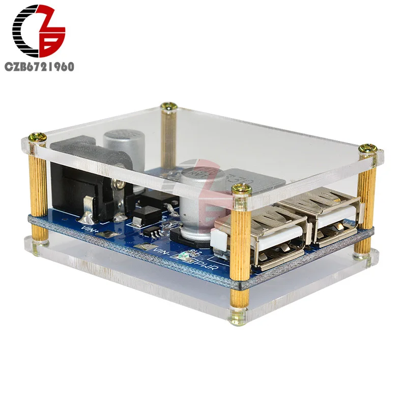 DC-DC Step Down Power Supply 12V to 5V 5A LM2596S Voltage Regulator Step-Down Buck Converter Dual USB with Acrylic Case