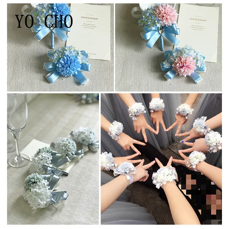 YO CHO Boutonniere Handmade Pink Hydrangea Ribbon Fake Flower Silk Corsages Boutonnieres White Blue Marriage Wedding Accessories