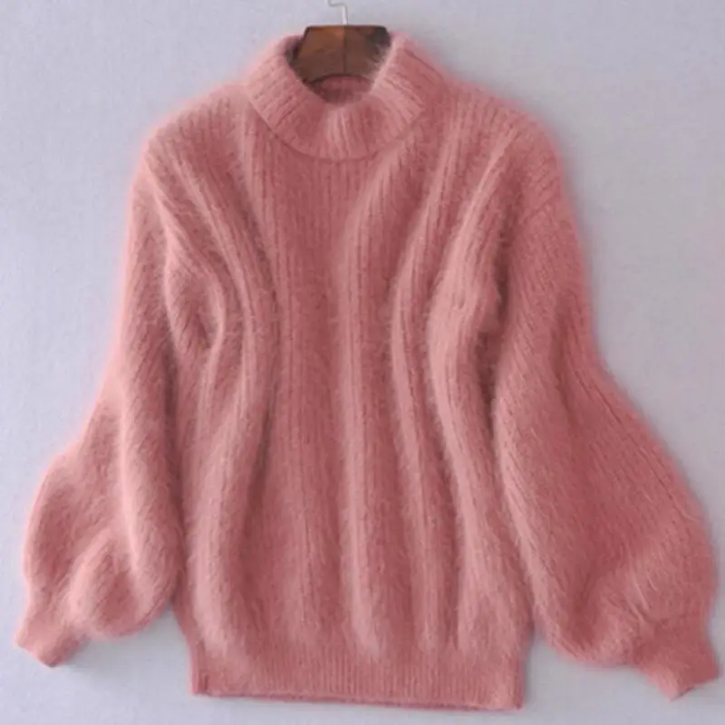 Winter New Fashion Thickened Warm Turtleneck Mohair Female Sweater Lantern Sleeve Casual Solid Color Slim Simple Pullover