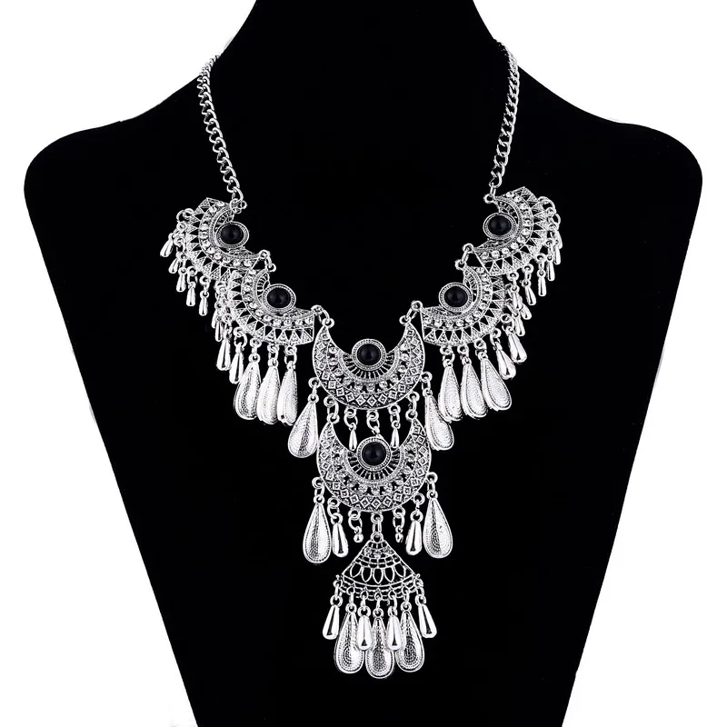 Fashion Collier Femme Bijoux Bohemian Choker Statement Necklace Crystal Collar Vintage Beads Drop Tassel Maxi Long Necklace