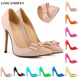 Delle donne Elegante Della Farfalla-nodo A Punta Ufficio Scarpe Solide Scarpe di Pelle Verniciata Delle Donne di Modo Pompe Shallow Tacchi Alti Sexy Del Partito scarpe