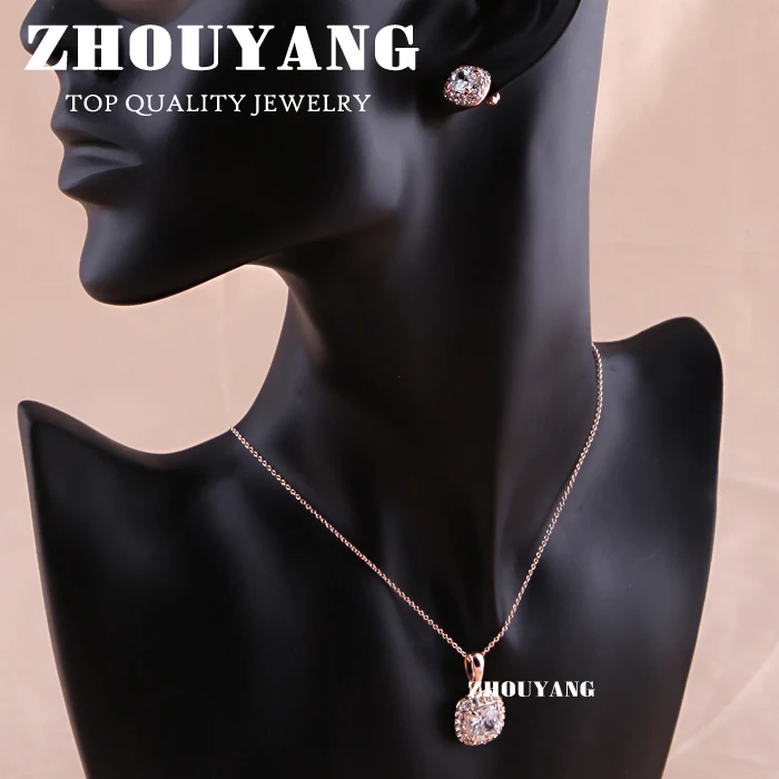 ZHOUYANG Top Quality ZYS008 Rose Gold Color Elegant Wedding Jewelry Necklace Earrings Set Made with Austrian Crystals