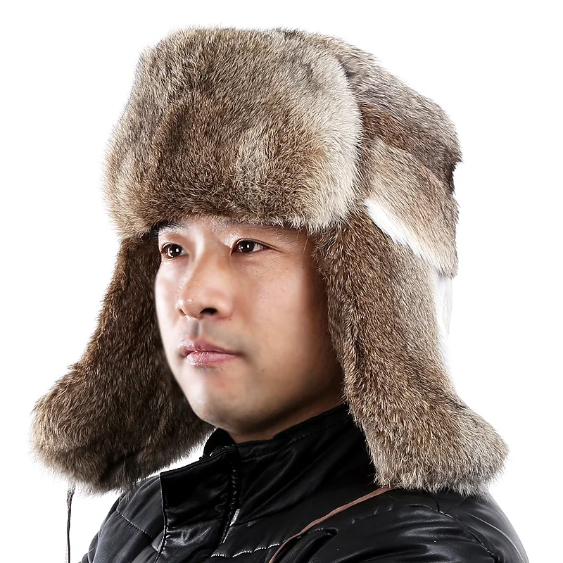 

Men fur bomber hats autumn winter genuine rabbit fur caps with earflap Lei Feng Cap for Russin men gray orange warm hatsH206