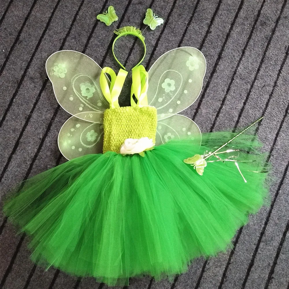 Girls Green Fairy Flower Tutu Dress Kids Fluffy 2Layer Tulle Tutus with Butterfly Wing Headband Set Children Cosplay Party Dress