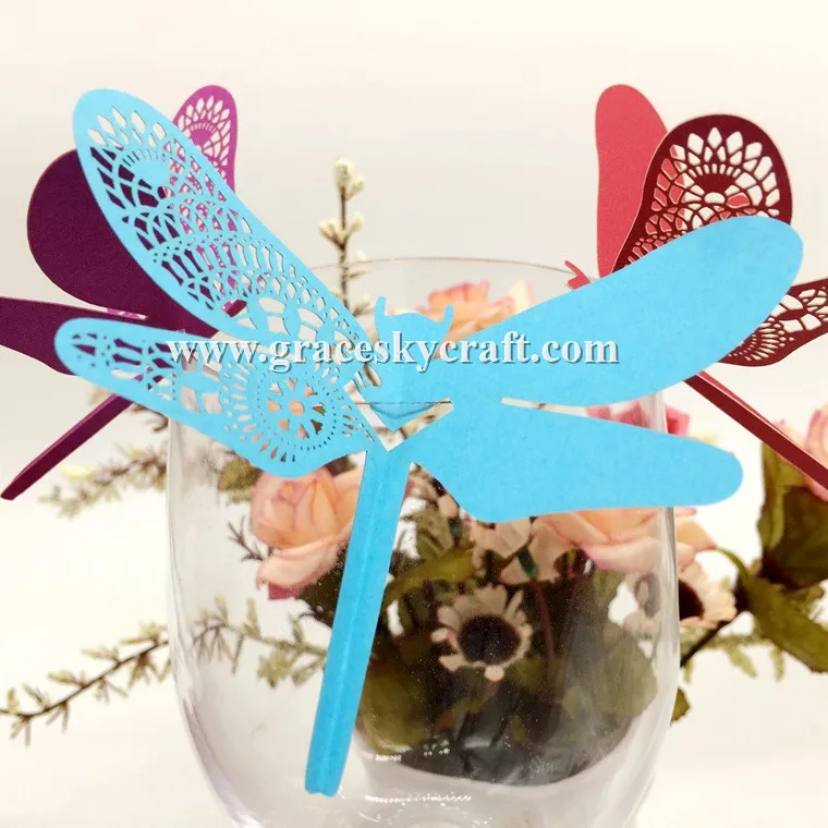 30pcs Free Shipping laser Cut wedding party Place name seat  Invitations Cup Cards dragonfly design for Wine Glasshome supplies