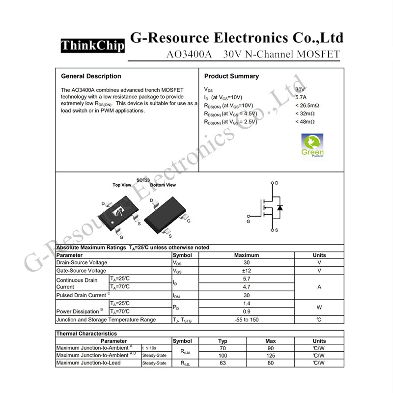 Transistor de efecto de campo, MOS-FET de Canal N, AO3400 /AO3400A/100 A09T SOT-23 SMD, nuevo y original, 3400 Uds.