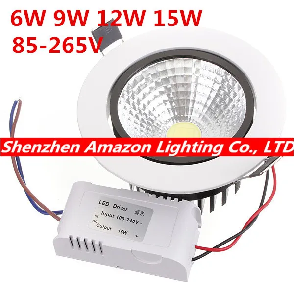 

High Brightness COB led downlight lamp 6W 9W 12W 15W white shell AC85~265V spotlight ceiling Warm / Cool White Free Shipping