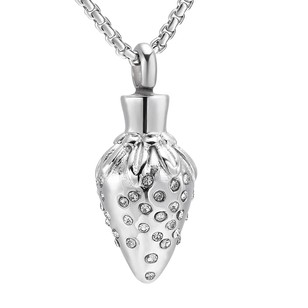 JJ030 New Arrive 316L Stainless Steel Cremation Jewelry From Ashes Crystal Strawberry Memorial Locket Pendant Necklace + Funnel