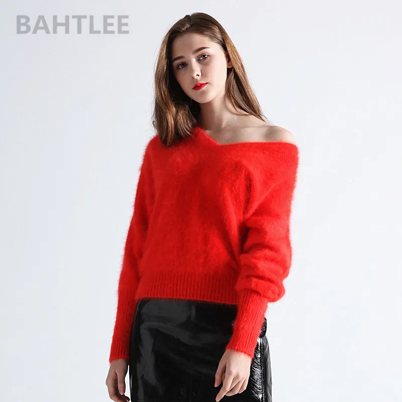 BAHTLEE-Women\'s Angora Rabbit Knitted Pullovers, Sweater, V-Neck Jumper, Batwing Sleeve, Fashion, Keep Warm, Autumn, Winter