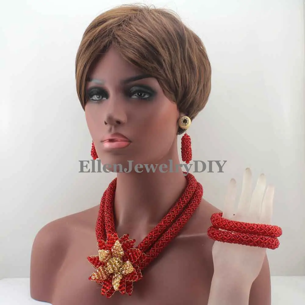 2019 african beads jewelry set Necklace Set Handmade Flower Pendant Nigerian Wedding beads Jewelry Set  W13283