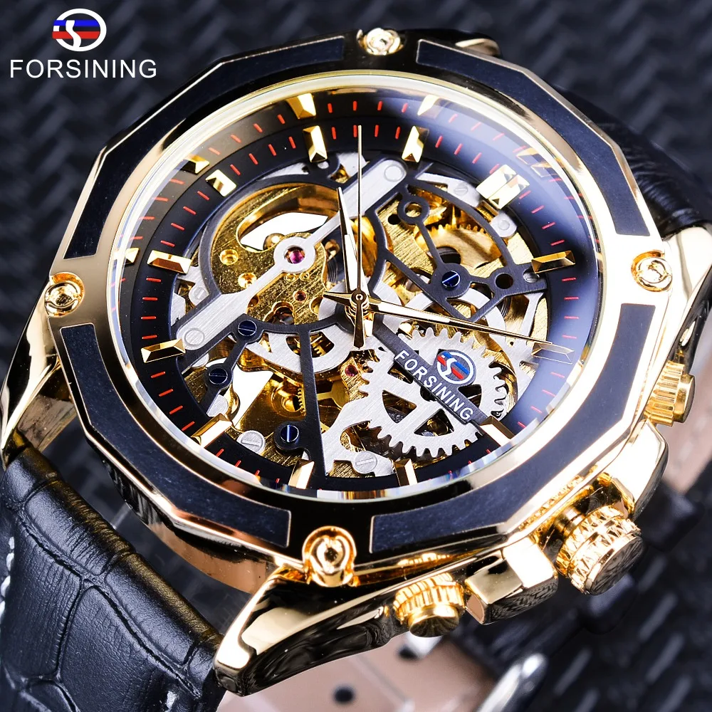 

Forsining Transparent Case Gear Movement Steampunk Men Automatic Skeleton Watch Top Brand Luxury Open Work Design Self Winding