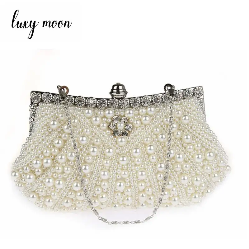 LUXY MOON pearls beaded evening bag elegant handmade day clutch hot ivory white evening clutch bag full dress purse and handbag