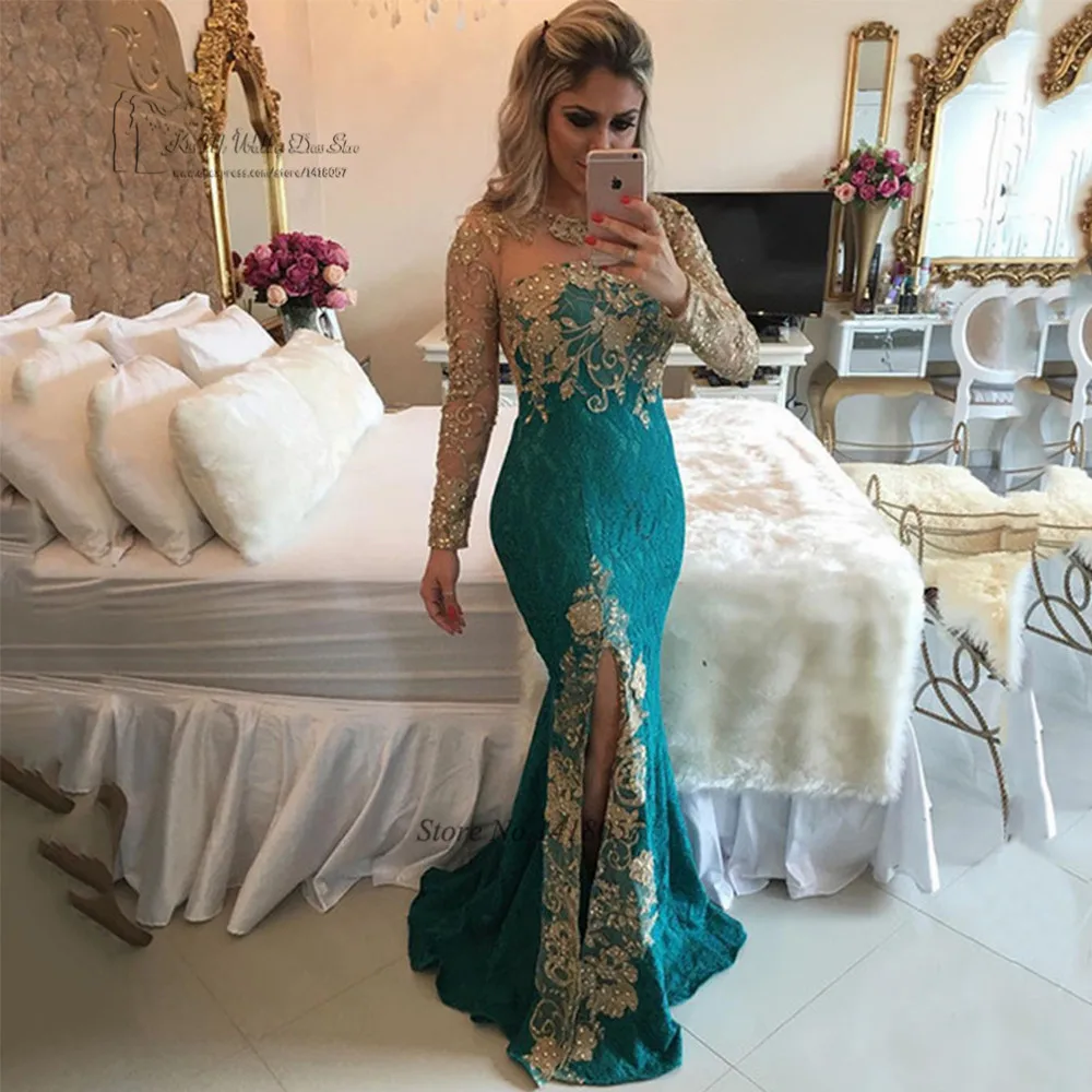 Sexy formalne zielone złote koronki suknie wieczorowe z długim rękawem syrenka sukienka na studniówkę zroszony specjalna okazja suknia Vestido de Festa Abiye