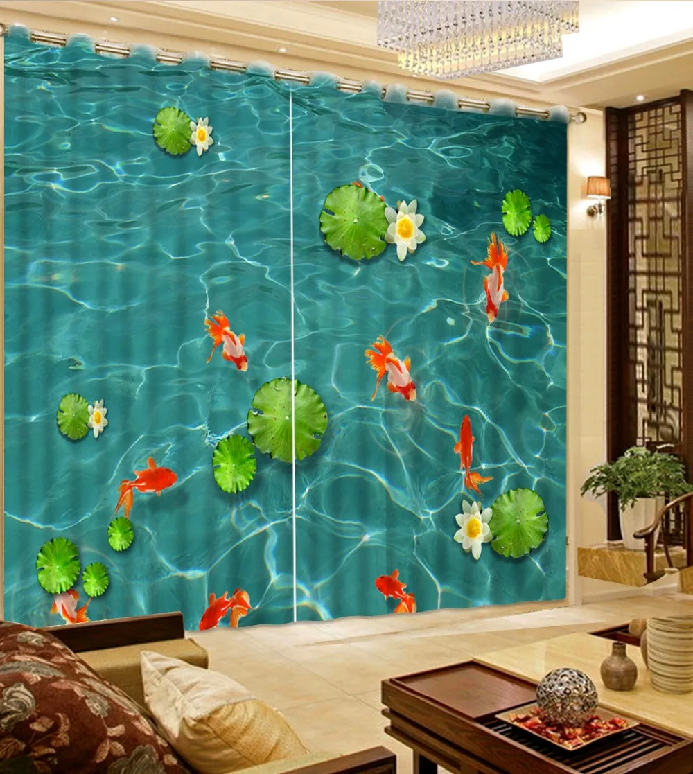 

3D Blackout Window Curtains For Kids Bedding room Living room Hotel Drapes Cortinas Green lotus leaf fish 3D Curtains