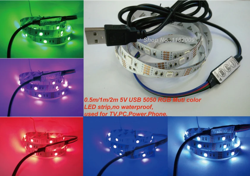 0.5m/1m/2m/pcs 5V USB LED strip SMD 5050 Flexible RGB Color Changing LED lights 16 color Indoor with 3 key mini rgb controller