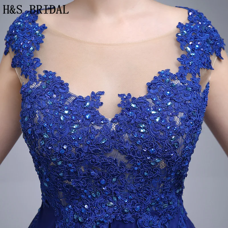 HS19-vestido de noche de gasa azul, cuello alto, mangas casquillo, Apliques de encaje con cuentas traseras con botones, novedad de 2020