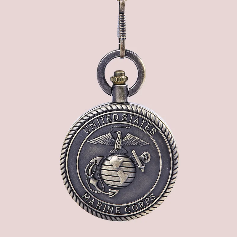 Quality Bronze Antique US Marine Corps Flag Embossed Pocket Quartz Watches Chain Pendant Mens Collection