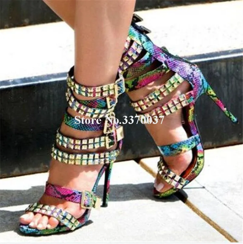 New Fashion Women Open Toe Gold Rivet Straps Thin Heel Gladiator Sandals White Black Buckles High Heel Sandals Club Shoes