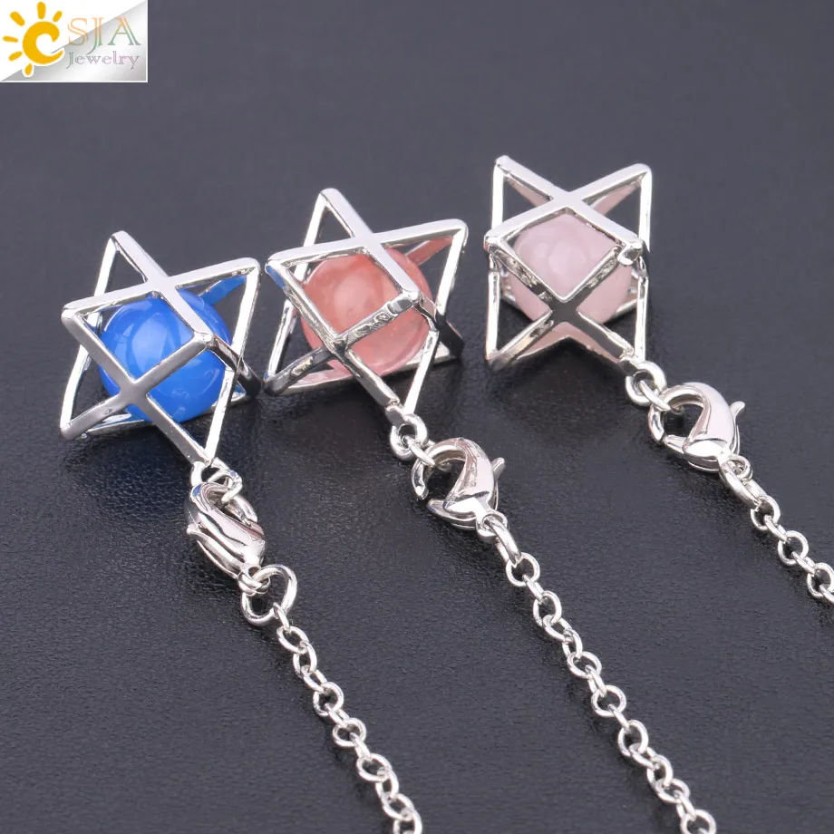 CSJA Reiki Natural Stone Merkaba Pendulum for Wicca Drowsing Hexagram Pendule Round Crystal Quartz Beads Pendants Jewellery F975