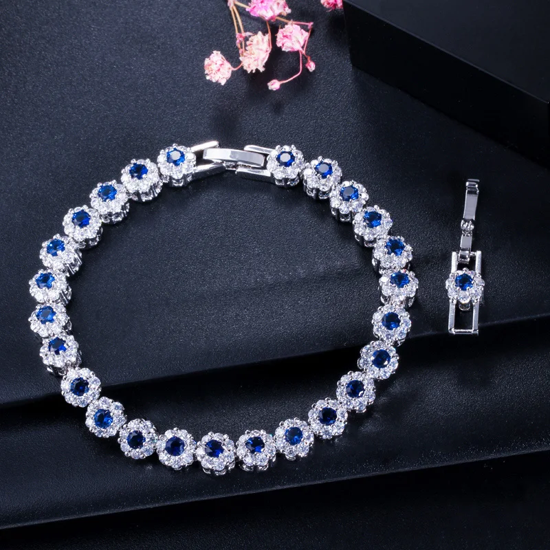 Pera New Fashion Royal Tennis Bracelets for Women Silver Color Big Cubic Zirconia Blue Flower Connected Party Charm Jewelry B117