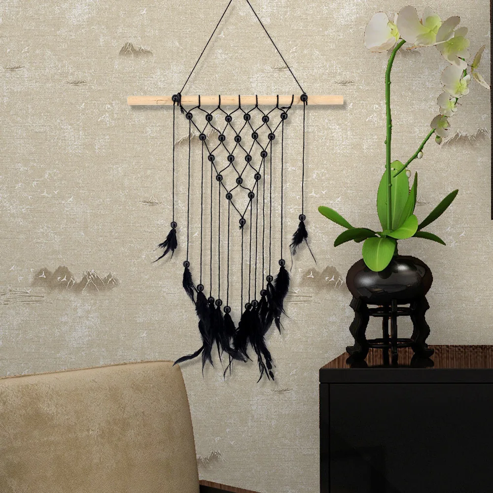 

Macrame Wall Art Handmade Cotton Wall Hanging Tapestry Black Chicken Feathers Bohemia Woven Wall Tapestries Boho Home Decor