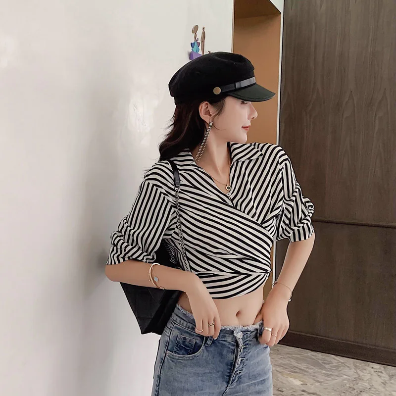 

New Fashion Summer Striped Sexy Tie a Knot Bralette Short T Shirt Turn-down Collar Crop Top Women Three-quarter Sleeve Lady Tops