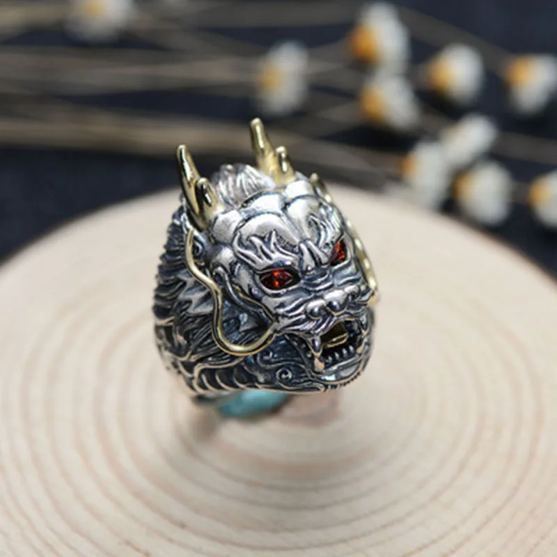 Luxury 925 Sterling Silver Dragon Ring Big Adjustable Size Red Stone Cubic zirconia Punk Mens Rings Gothic Biker Jewelry