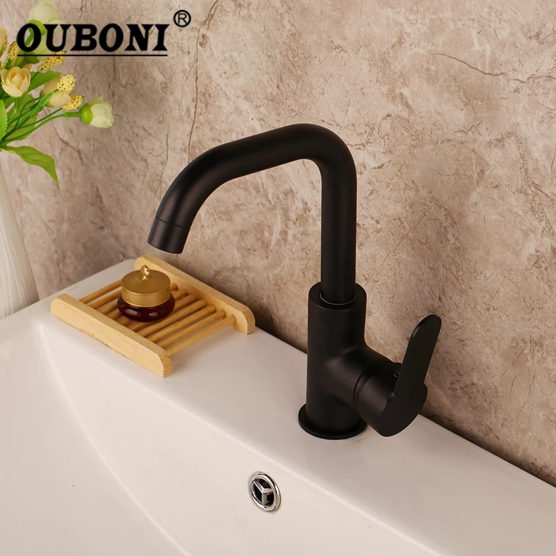 

OUBONI Black Paint Swivel Spout Kitchen Faucets Hot Cold Water Mixer Tap Kitchen Faucets Black Color Brass Crane Mixer Tap