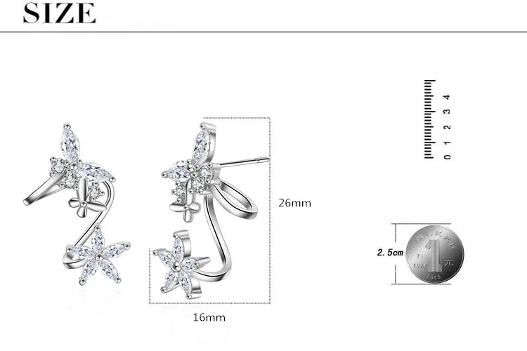 Hot Sell Fashion Butterfly Shiny Crystal Female 925 Silver Needle Ladies Stud Earrings Jewelry Wholesale Promotion Gift