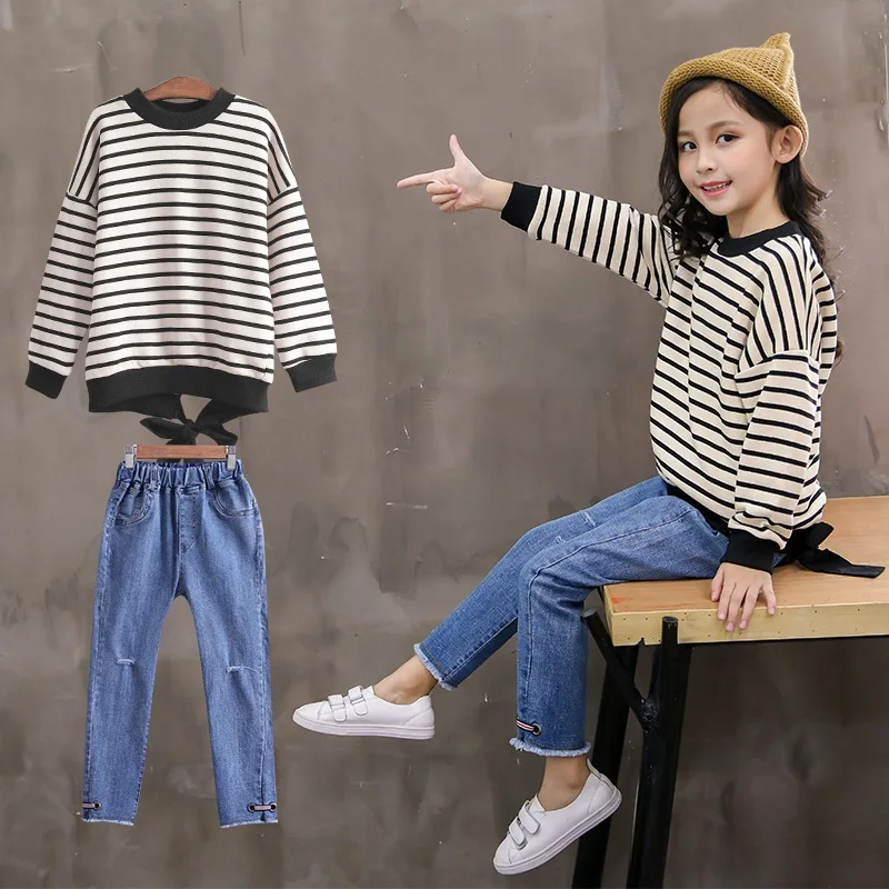 

2018 autumn new children's clothing girls suit big children striped long-sleeved denim pants two-piece fashion