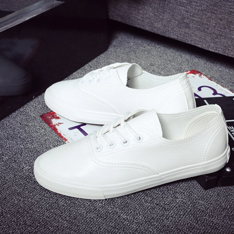 Women White Sneakers 2019 Spring Summer PU Leather Casual Flat Shoes Black Sneakers For Woman Non-Slip Shoes Comfortable Sneaker