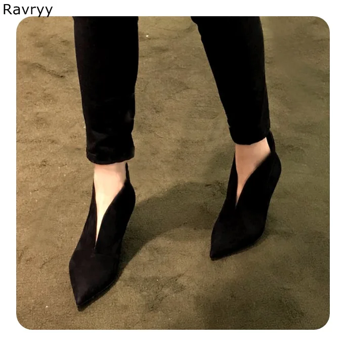 Luxury Fashion black suede Women\'s high heel female Ankle Boots Slip-on Heels Pointed Toe V-shaped open line design single shoes