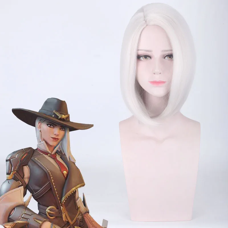 Overwatch Ashe – perruque Cosplay synthétique blanche courte, perruque OW Halloween, Costume de fête, perruques de jeu