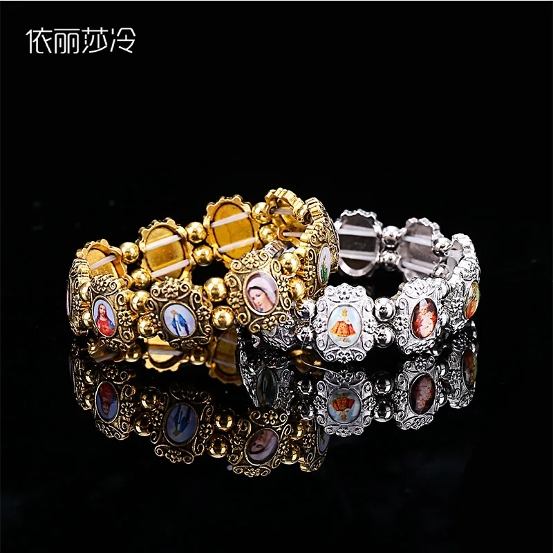 

48 Pieces / Golden Jesus Cross Bracelet with the Image of the Virgin Mary of Jesus Holy for Women and Men Religious Jewelry